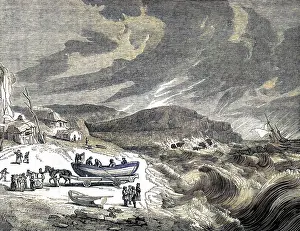 Lifeboatmen: Preparing to launch a lifeboat, 1830s