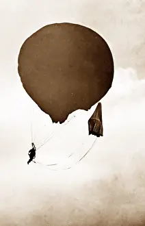 Parachuting: Preparing to parachute from a balloon, Victorian period