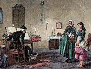 Ilustracion: Give of present for the priest. Engraving by H. Werdmuller