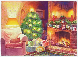Mantlepiece: Presents under Christmas tree and fireplace