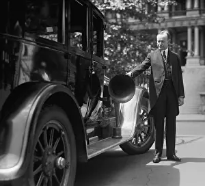 Amplifying: President Coolidge with a loud-speaker equipped