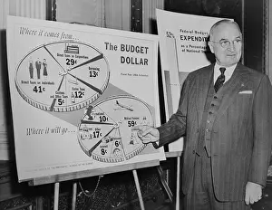 Fiscal: President Harry Truman, standing next to budget
