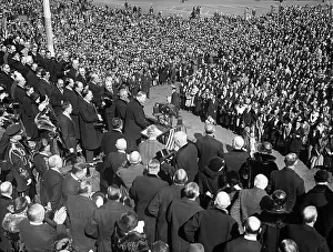 Speakers Platform: President Herbert Hoover addresses a crowd during