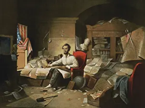 Hangs: President Lincoln, writing the Proclamation of