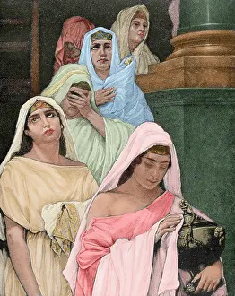 Vesta: Priestesses of the goddess Vesta. Colored engraving