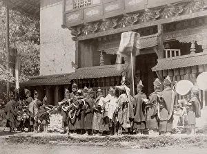 Tibetan: Priests, procession, outside a Tibetan monastery, India
