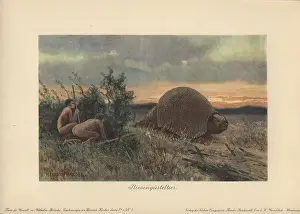 Glyptodontidae: Primitive men with spears hunting a glyptodon