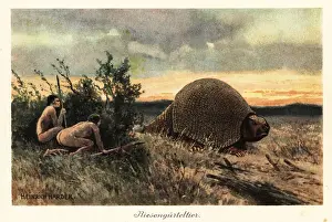 Armadillo: Primitive men with spears hunting a glyptodon
