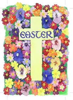 Pansies: Primulas, pansies and violets and a yellow cross