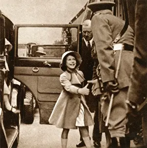 Alighting: Princess Elizabeth greets Officer of Guard, Rushmoor Arena