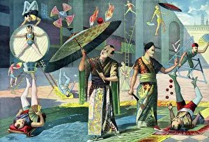 Troupe: Print of twelve Asian acrobats performing, circa 1891