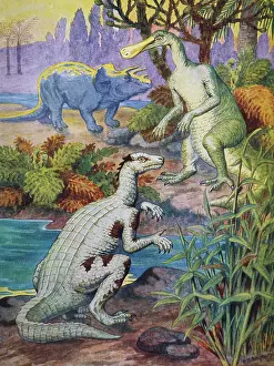 Palaeontology: A print depicting three dinosaurs from the Cretaceous