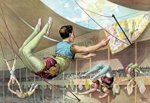 Troupe: Print of five male acrobats performing at a circus