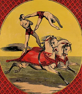 Acrobat: Print of two male bareback riders perfoming stunts