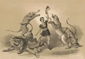 Showman: Print of a male circus performer standing among