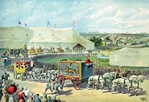 Fairground: Print of a parade with lion in cage on wagon and