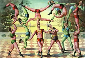 Troupe: Print of thirteen men doing acrobatics. circa 1891