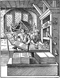 Hartmann: The Printer's Workshop. Woodcut by Jost Amman