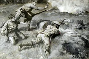 Conspicuous: Private R Biggins attacking a crater at Hooge