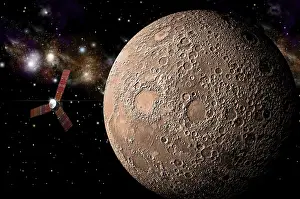 Panels: A probe investigating a heavily cratered moon in deep space
