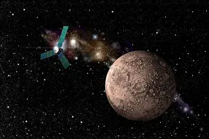 Panels: A probe investigating a heavily cratered moon in deep space