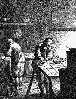 Joris: professions, glazier shop, copper engraving by