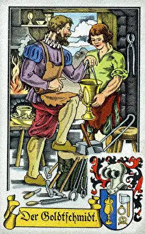 Handcraft: professions, goldsmith, circa 1575, colour print