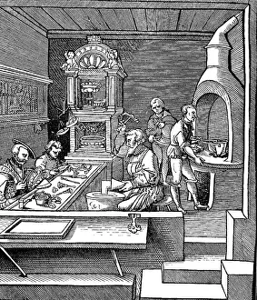 Fulda: professions, goldsmith at work, woodcut, title