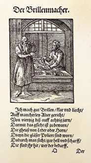Handcraft: professions, maker of glasses, woodcut by Jost