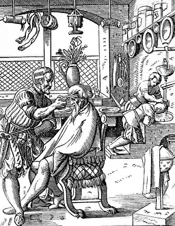 1539: professions, men, barber, woodcut by Jost Amman