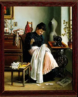 Needlewoman: professions, seamstress at the sewing machine