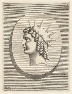 Iconografia: Profile bust of a figure with hair in ringlets and sunbeams