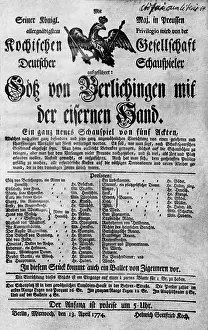 Goethe: Program sheet for the premiere of Goetz von Berlichingen
