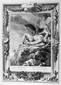 Liver: Prometheus devoured by the eagle. Engraved illustration