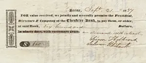 Dollars: Promissory note, Keene Cheshire Bank, New Hampshire, USA