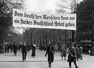 1933 1945: Propaganda banner in Berlin on Labor Day, 1933
