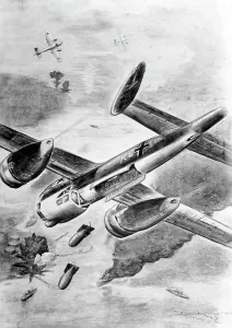 Azov: Propaganda drawing of a German air raid, 1942