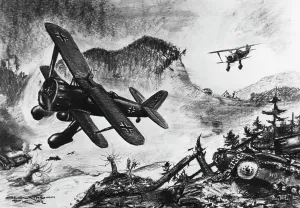 343847: Propaganda drawing of a German air raid, 1942