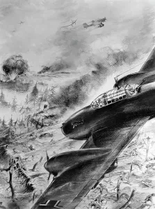 Destroyers: Propaganda drawing of a German air raid, 1942