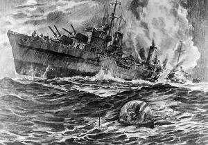 Sunk: Propaganda drawing - sinking of Polish cruiser ORP Dragon