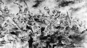 Waffen: Propaganda drawing of an SS attack, 1942