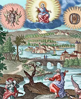 Enthroned: Prophet Ezekiel. Vision. Colored engraving