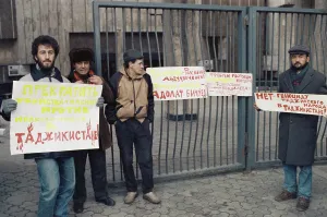 Slogan: Protesters at Russian Foreign Ministry's press centre