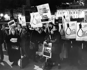 Leaflets: Protesters at the South African embassy