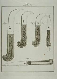 Pruning tools: pruning knives (a, b, c) trimming knife (d), pr