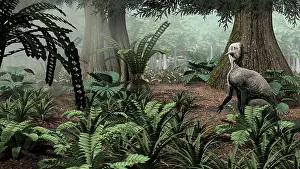 Sinensis: Psittacosaurus sinensis rests on his haunches in a ?