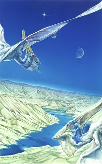 Pteranodon: Pteranodon longicepsÂ flying over mountainous terrain
