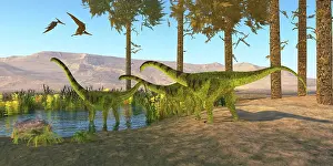 Pteranodon: Pteranodon reptiles fly over a herd of Puertasaurus