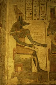 Crux: Ptolemaic temple of Hathor and Maat. Anubis. Seated figure