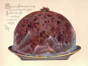 Pudding in flames on a Christmas card